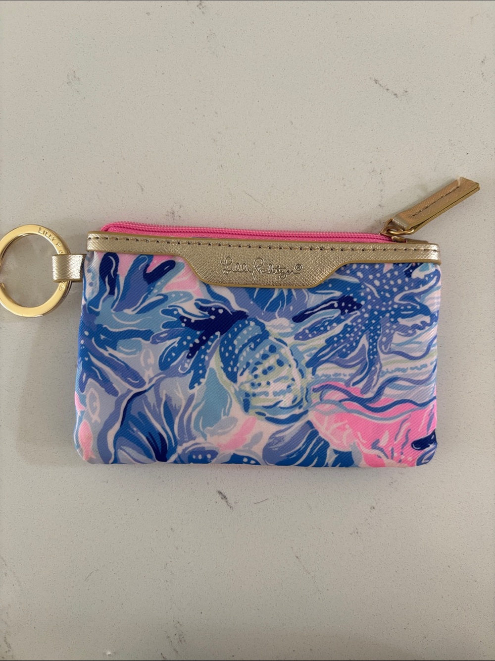 Lilly Pulitzer Pink, Blue & Gold Seashell Key Pouch nwot